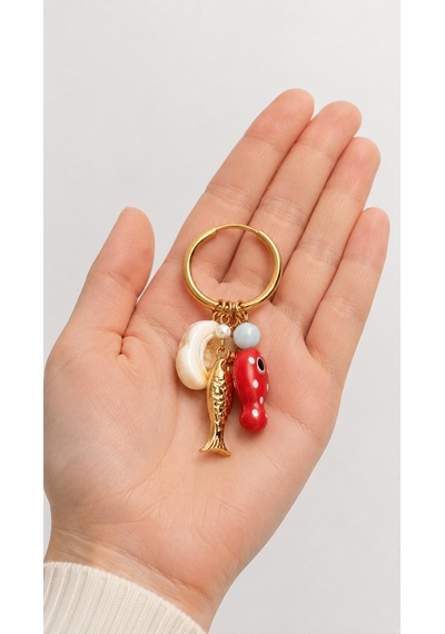 Charm Detaylı Gold Halka Küpe Kırmızı