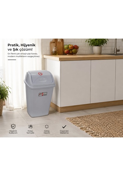 Plastik Elegance 7,5 Litre Sallanır Kapaklı Çok Amaçlı Çöp Kovası Gri