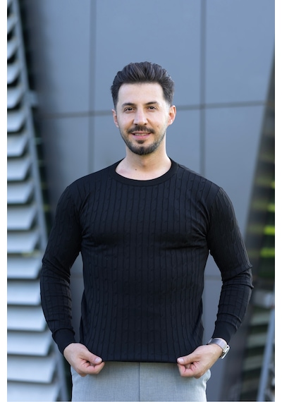 Hk Premium Triko Kazak Fitilli Slim Fit Bisiklet Yaka Likralı Kışlık Sweatshirt Siyah