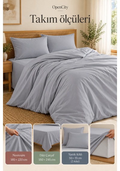 Çift Kişilik Gri Nevresim Takımı 4 Parça Düz Renk 180x220 Nevresim 180x240 Çarşaf 2 Yastık Kılıfı Ev