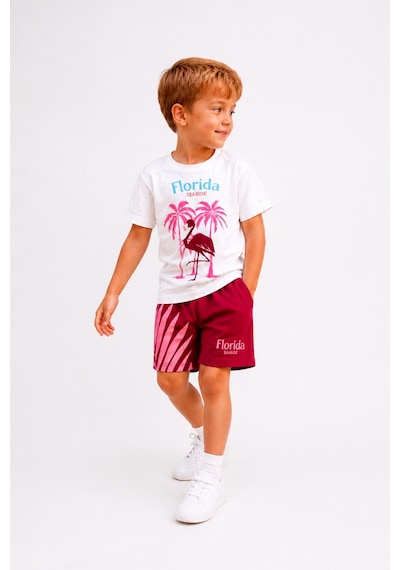 Eray Alp Kids Unisex Çocuk Beyaz Flamingo Baskılı Tişört Şort Takımı Yazlık Günlük Model