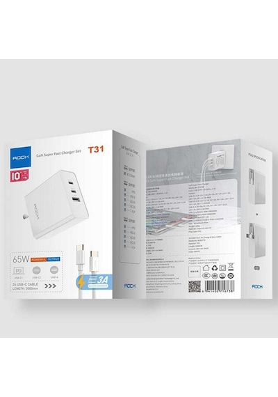 Rock T31 Gan 65w Pd 3.0 & Qc 4.0 Hızlı Seyahat Şarj Set Beyaz 2m Type-c To Type-c Kablo