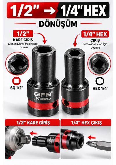 Gfb X-pro 1/2" Kare Giriş 1/4" Hex Çıkış Hızlı Değişim Dönüştürücü Adaptör Crv Açı