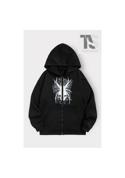 Tarzsokak Karadul Ağ Desen Sweatshirt Fermuarlı Hırka Siyah