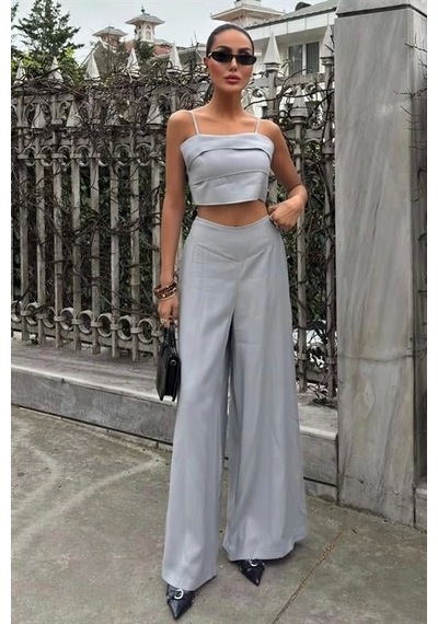 Defymoda Crop Plazzo Pantolon Takım 10155-08 Gri