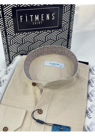 Hakim Yaka Slim Fit Keten Hediye Kutulu Erkek Gömlek Fs-003042 - Bej-2199