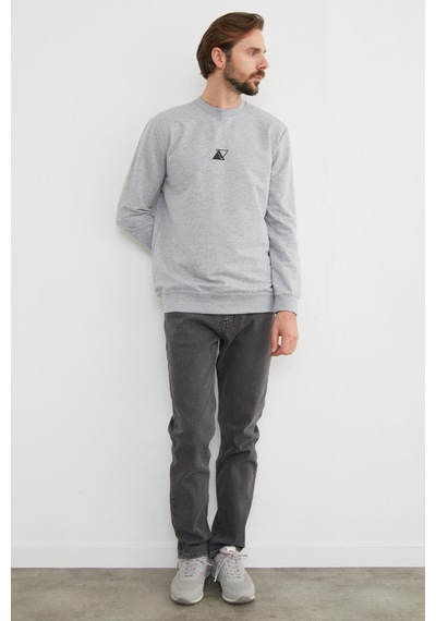 Fullamoda Üçgen Baskılı Bisiklet Yaka Sweatshirt Gri Melanj