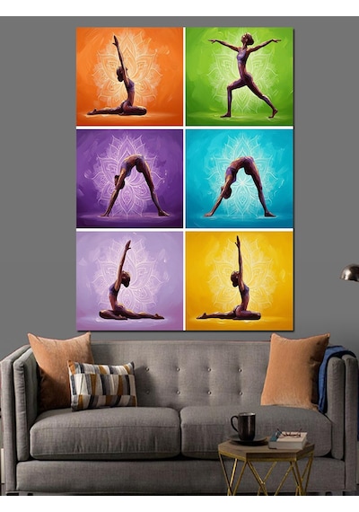 Mor Sarı Yoga Pozları Dekoratif Kanvas - Mdf Ahşap Tablo