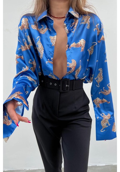 Madmext Mad Girls Leoparlı Mavi Saten Gömlek Mg187-mavi Mavi
