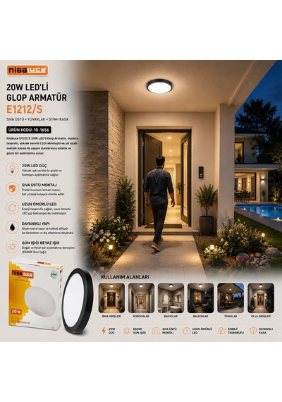 20w Siyah Metal Kasa Sıva Üstü Yuvarlak Ledli Glop Armatür Ip20 6500k - 1800lm E1212/s 5468 Çok Renkli