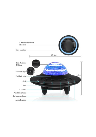 Dailytech Galaxy Projektör Hoparlör Bluetooth Ufo Gece Lambası