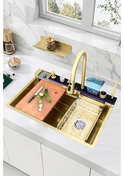 Premium Gold Akıllı Mutfak Evyesi- 75x46 Cm Çok Fonksiyonlu- Lüx Dijital Akıllı Eviye Seti