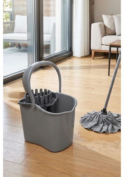 Flora 2 Li Temizlik Seti Gri, Sıkmalı Temizlik Yer Silme Kovası + Süper Emici Mikrofiber Jombo Mop