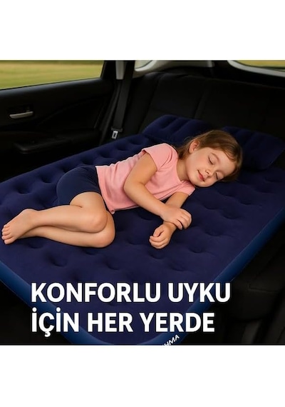 Taşınabilir Çift Kişilik Şişme Yatak + Pompa 203x152x22 Cm Kamp & Misafir Kullanımı Lacivert