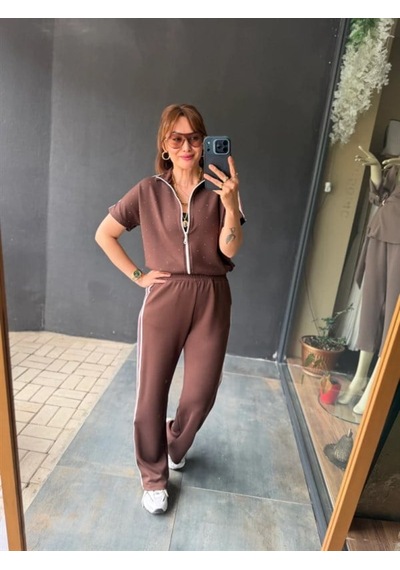 Alemdarshop Kadın Fermuarlı Taş Ve Şerit Detaylı Ikili Takım Kahverengi