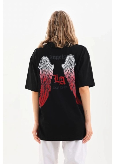 Freedom Storee Kadın Baskılı Tişört Kısa Kol Bisiklet Yaka Oversize T-shirt - Siyah Çok Renkli