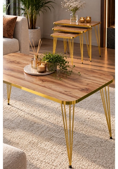 Sulorahome Ceviz Desenli Gold Metal Ayaklı 4'lü Sehpa Seti Ceviz - Altın