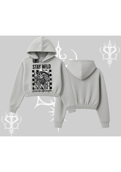 Startmore Kapşonlu Crop Sweatshirt Stay Wild Rock Spirit Urban Riot Gri