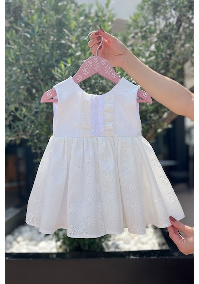 Dantel Detaylı Kız Çocuk Bebek Beyaz Fisto Pamuk Elbise 001
