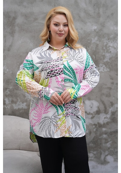 Polologin Butik Palmiye Desenli Renkli Beyaz Viskon Tunik Beyaz