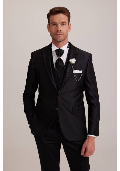 Ysf Erkek Siyah Pileli Slim Fit Kırlangıç Yaka Yelekli Damatlık