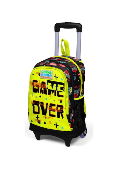 Coral High Kids Siyah Neon Sarı Game Over Desenli Üç Bölmeli Işıklı Tekerlekli  Çekçekli Okul Sırt Çantası 23928