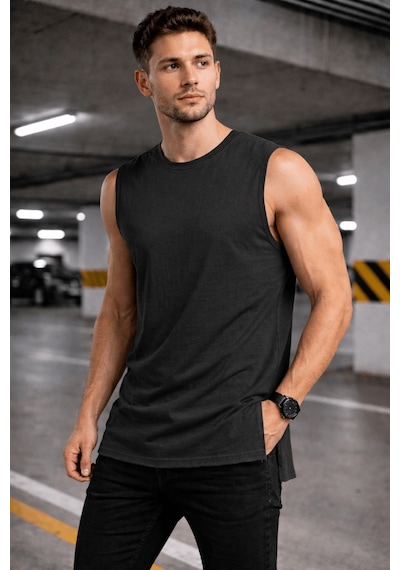 Erkek Kolsuz Regular Fit Basic Atlet Yan Yırtmaçlı Pis Yaka Tişört Gri