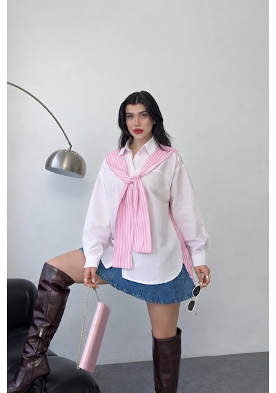 Ribana Kadın Atkı Detay Uzun Kollu Terry Cotton Çizgili Gömlek 3201 Pembe