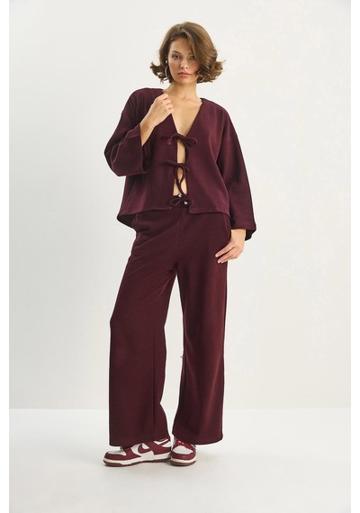 Shade Kadın Bağlama Detaylı Kimono Yüksek Bel Bol Pantolon Selanik Takım 7028 60283640 - Bordo