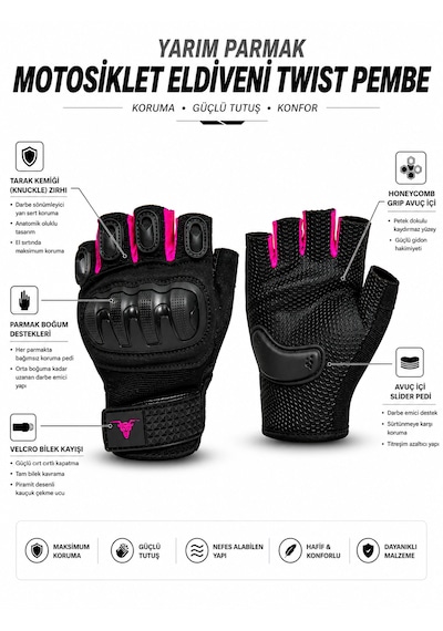 Motokit Twist Pembe / Yarım Parmak - Kaymaz Avuç İçi Kadın Motosiklet Eldiveni