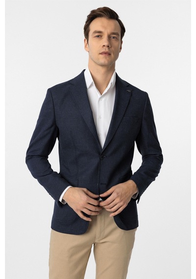 Süvari Lacivert Slim Fit Desenli Mono Yaka 6 Drop Ceket-33888 Lacivert