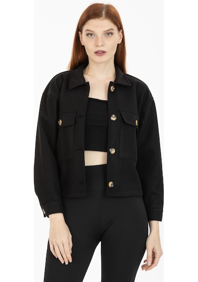 Pera Moda Çift Cepli Crop Ceket Siyah