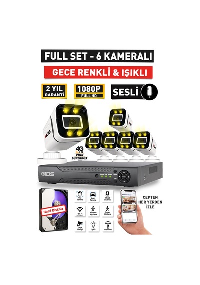 Sesli - 6 Kameralı Fullhd Gece Renkli Ve Işıklı Güvenlik Kamerası - Kamera Seti Hard Disksiz