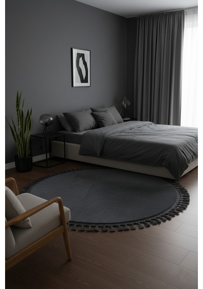 Comfort Yuvarlak Ponpon Saçaklı Peluş Halı Yatak Odası- Çocuk Odası- Antre- Yemek Odası Kaymaz Taban Antrasit