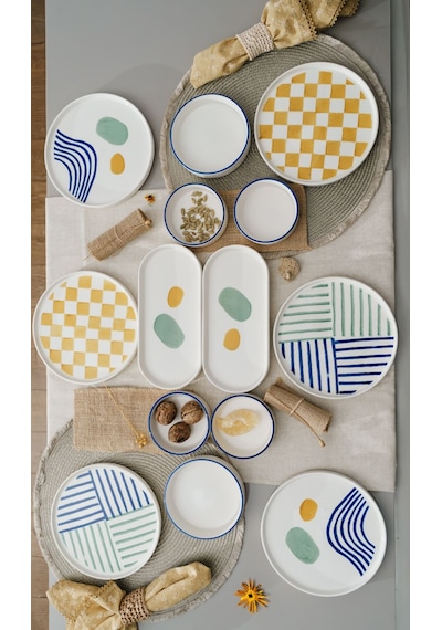Kevin Seramik Modern Hand Made 14 Parça 6 Kişilik Lüxs Kahvaltılık Sunum Tabağı Beyaz - Yeşil