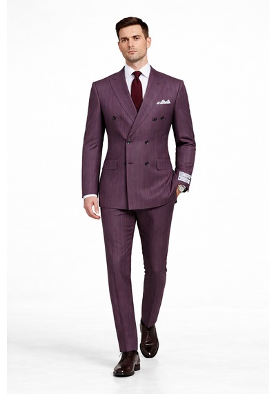 Fabıo Cassel Çizgili Kruvaze Erkek Takım Elbise Slim Fit Bordo