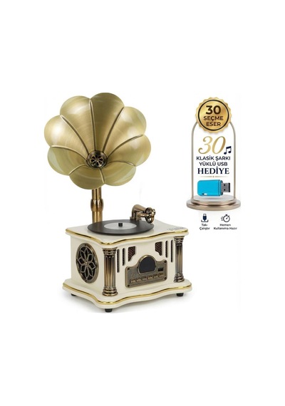 Midex Gr-26wh Fm Radyolu Nostaljik Gramofon Görünümlü Müzik Kutusu Bluetooth Hoparlör