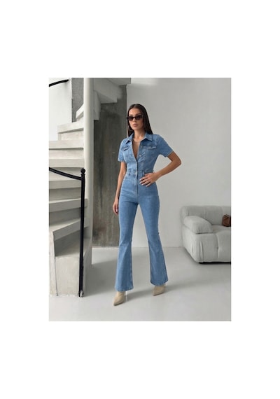 Bluemarlin Kısa Kol Buz Kar İspanyol Paça Likralı Denim Tulum Buz Kar