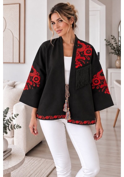 Lima Lacivert Kadın Nakışlı Ceket Etnik Desenli Püskül Detaylı Kimono Ceket