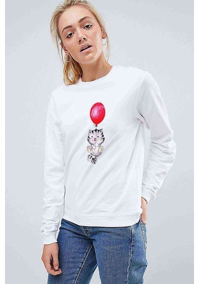 Watercolor Cat Baskılı Beyaz Kadın Sweatshirt (534805575)