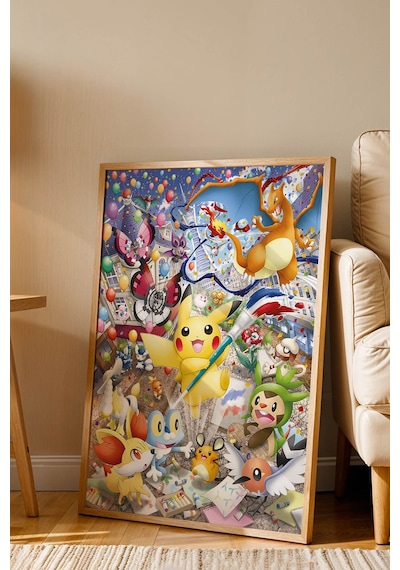 Pikachu Sanat Festivali Çerçeveli Tablo - Lüks Çok Renkli Pokemon Anime Çocuk Odası Duvar Dekoru Kayın