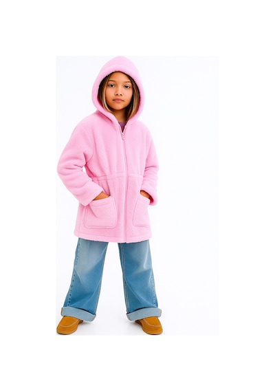 Esila Kids Kız Çocuk Ceket Peluş Kapüşonlu Uzun Kollu Kışlık Ceket 4-9 Yaş Pembe