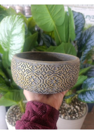 19 Cm El Yapımı Beton Saksı - Altın Eskitme Desenli Dekoratif Modern Çiçeklik - Büyük Boy Lüks Saksı