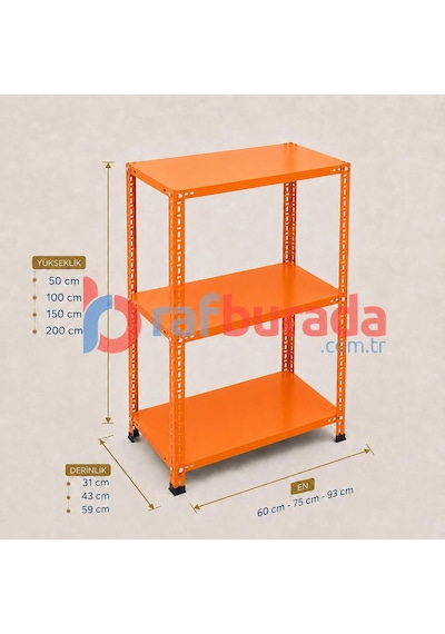 3 Katlı Renkli Dekoratif Çelik Raf - Çiçeklik Rafı, Ofis Rafı 0,70 Mm Turuncu-43x75 Cm-100 Cm