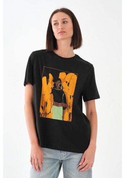 Baskılı Bisiklet Yaka T-shırt A21-10520 Siyah