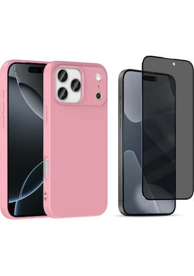 Apple Uyumlu iPhone 17 Pro Içi Kadife Lansman Kılıf Ve Hayalet Tam Kaplayan Cam Ekran Koruyucu Açık Pembe