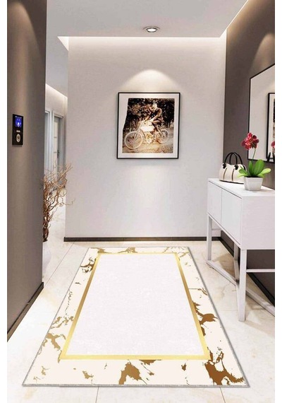 Krem Gold Çerçeveli Kaymaz Tabanlı Dekoratif Halı Ar097n11 Krem - Gold