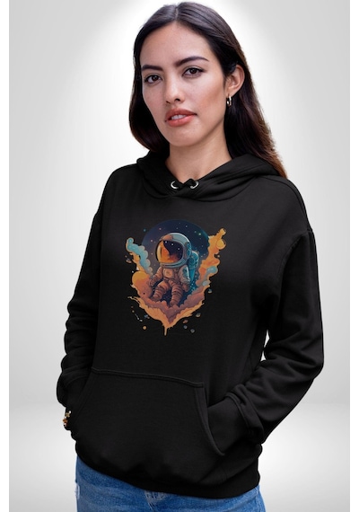 Bulutlar Astronot Uzay Kadın Erkek Siyah Kapüşonlu Sweatshirt Hoodie Siyah
