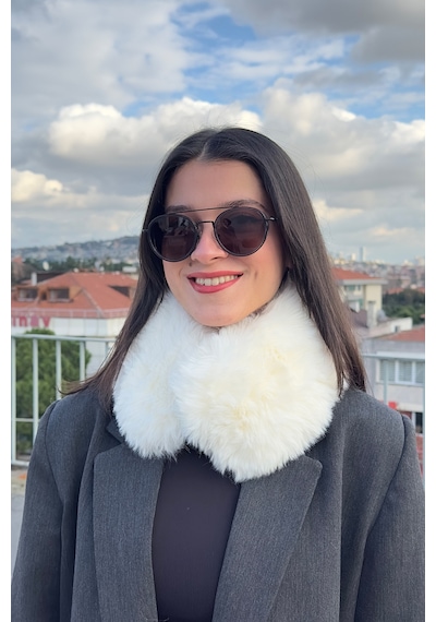 Mollycrush Suni Kürk Yumuşak Boyunluk Premium Mıktanıslı Kışlık Kadın Beyaz Peluş Boyunluk Beyaz