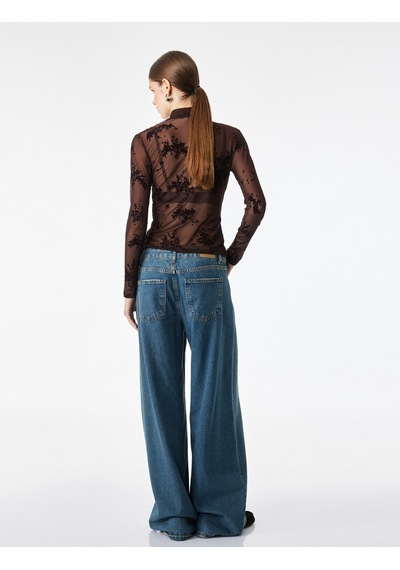 Koton Slim Fit Dik Yaka Uzun Kollu Çiçekli Tül Bluz Kahverengi 7wak70009uk Kahve